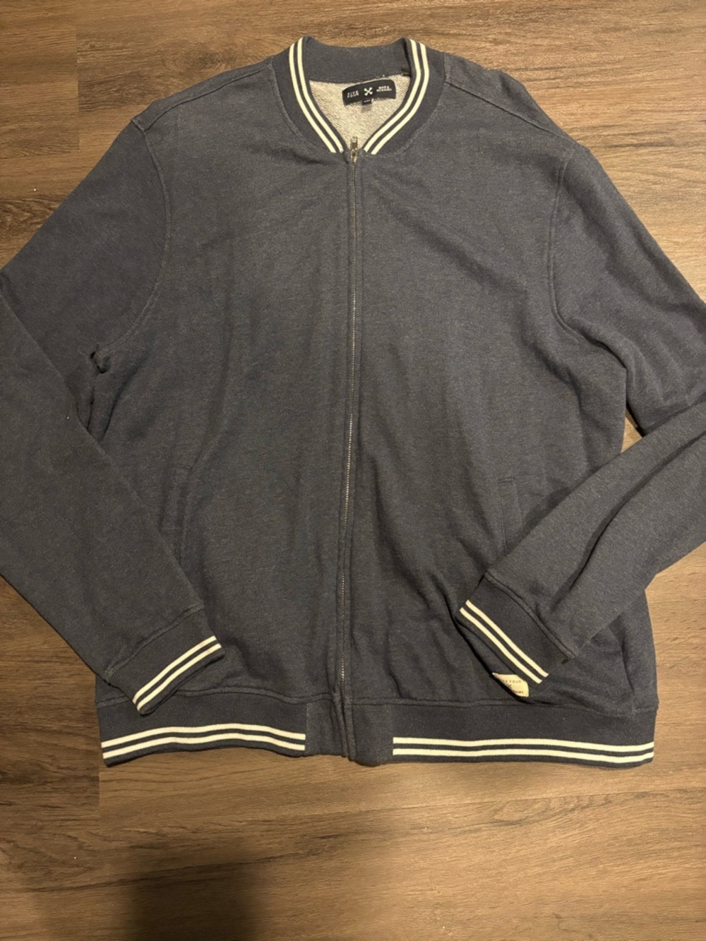 Five Four Navy Zip-Up Sweater Jacket with Cream Stripe Trim